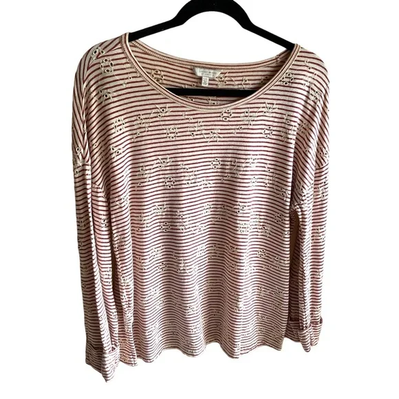 Lucky Brand Striped Red and White Cuffed Sleeve Tunic/ top. Eyelet Pattern. L - Picture 2 of 13